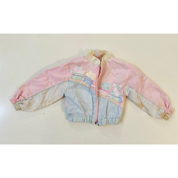 Vintage 80s Baby Girl Jacket Romper Set Pastel Train Animals Overalls Snap 6-9M - Picture 2 of 8
